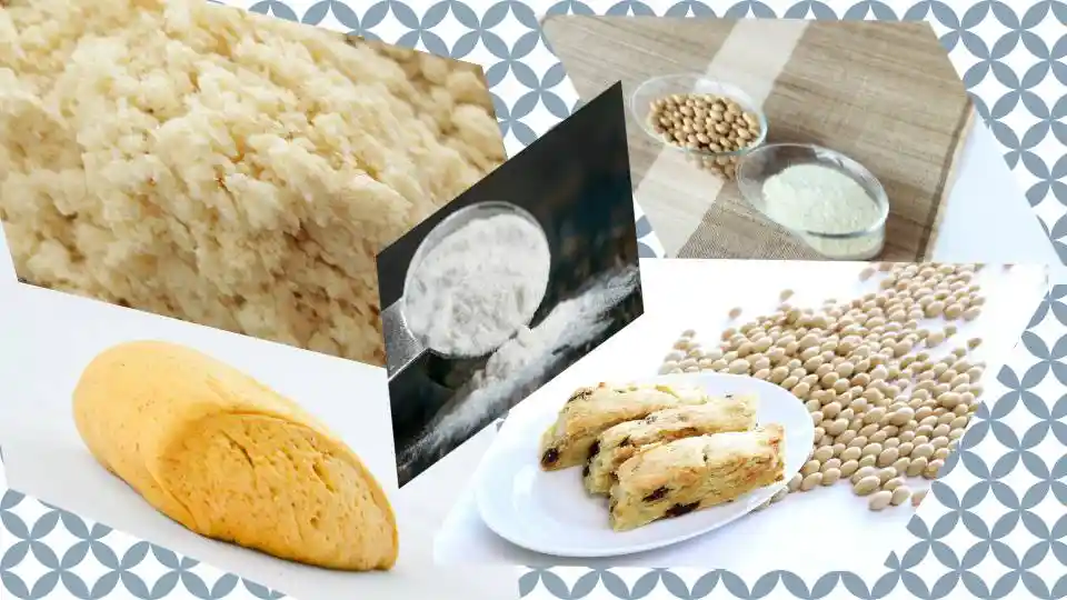 おからパウダーの画像、
おからパウダーで作ったクッキーや蒸しパンの画像、大豆の画像をならべたもの