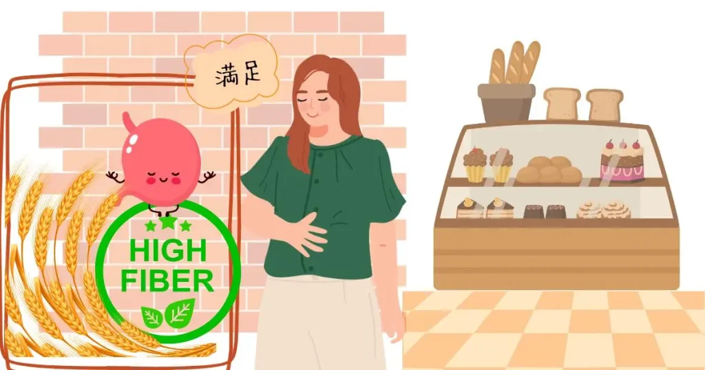 食物繊維が豊富なブランパンを食べて満足している女の人とその胃腸のキャラクターのイラスト