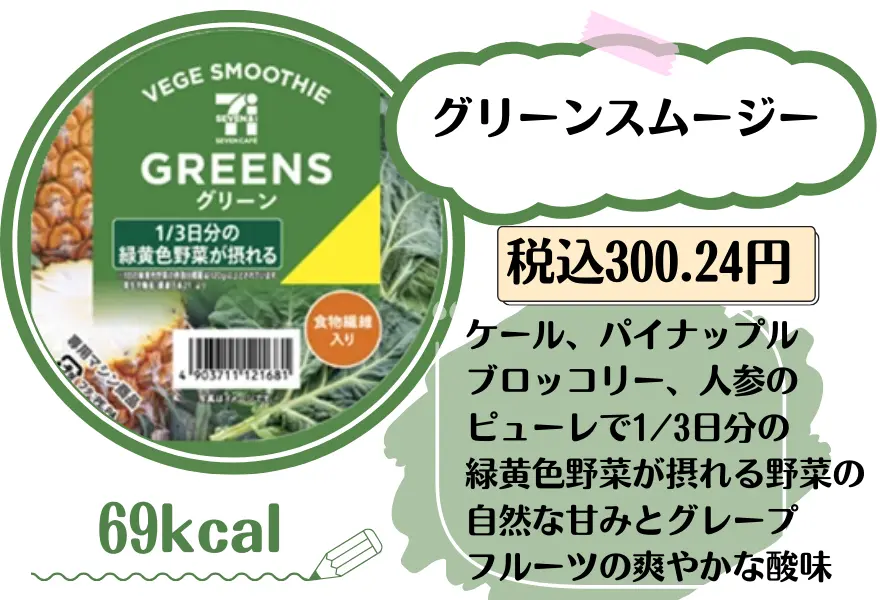 グリーン
スムージー 300.24円 69
kcal ケールやパイナップル、ブロッコリーや人参のピューレで1/3日分の緑黄色野菜が摂れる
野菜の自然な甘みとグレープフルーツの爽やかな酸味