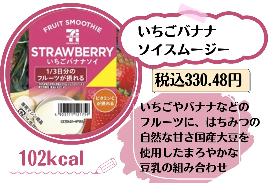 いちごバナナ
ソイスムージー 330.48円 102
kcal いちごやバナナなどのフルーツにはちみつの自然な甘さ
国産大豆を使用したまろやかな豆乳の組み合わせ